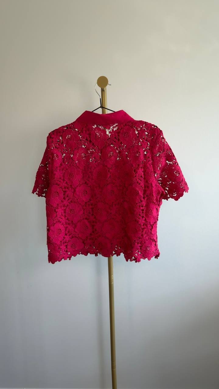 CeCe Lace Short‑Sleeve Button‑Up Top Red M NWT $99