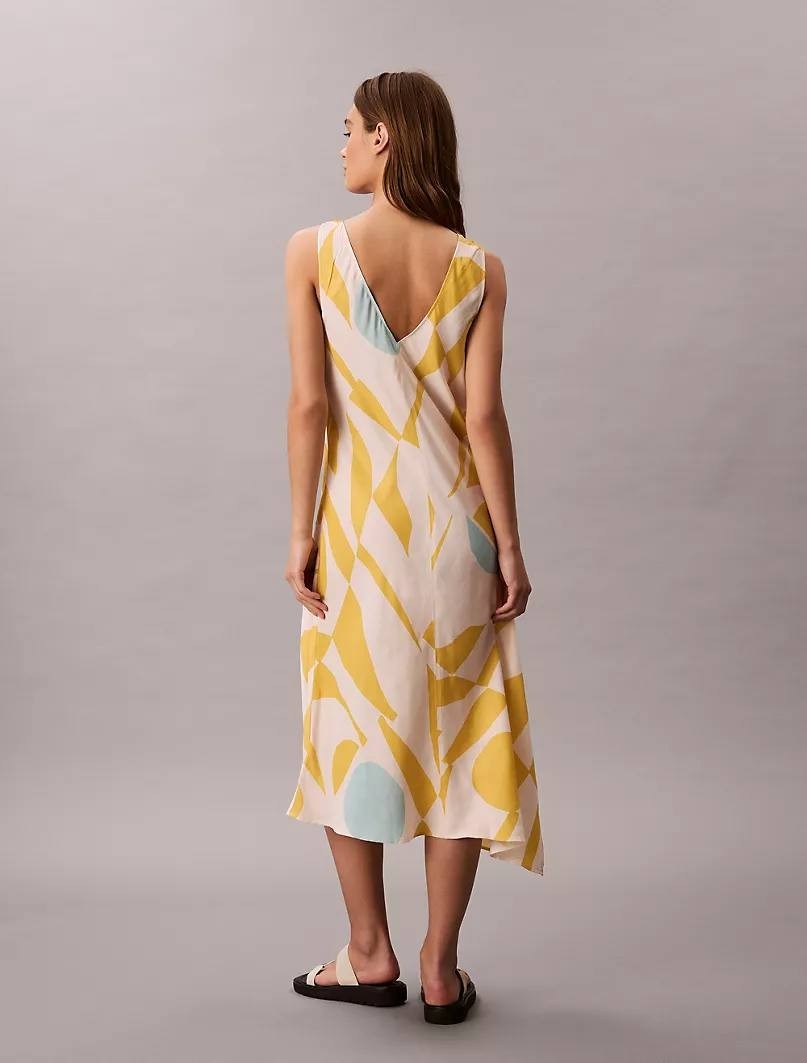 Calvin Klein Printed V-Neck Midi Dress – Yellow Print, Size L