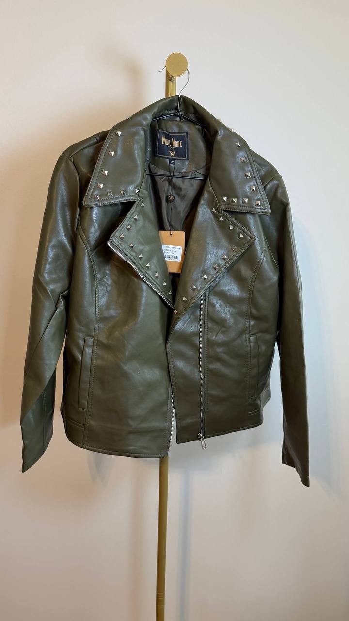 White Mark Women’s Studded Faux Leather Jacket, Size 1X, Color Olive, NWT