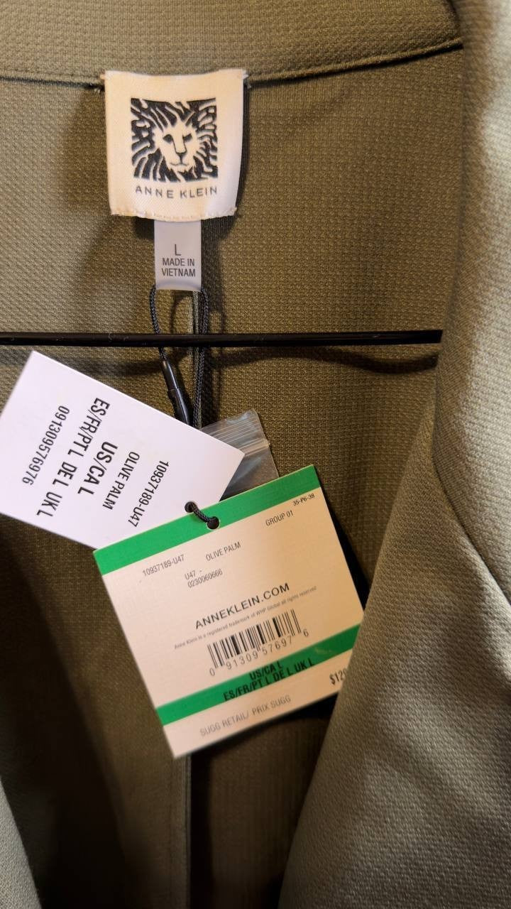 Anne Klein Notch Collar Stretch Jacket L Olive Palm NWT $129