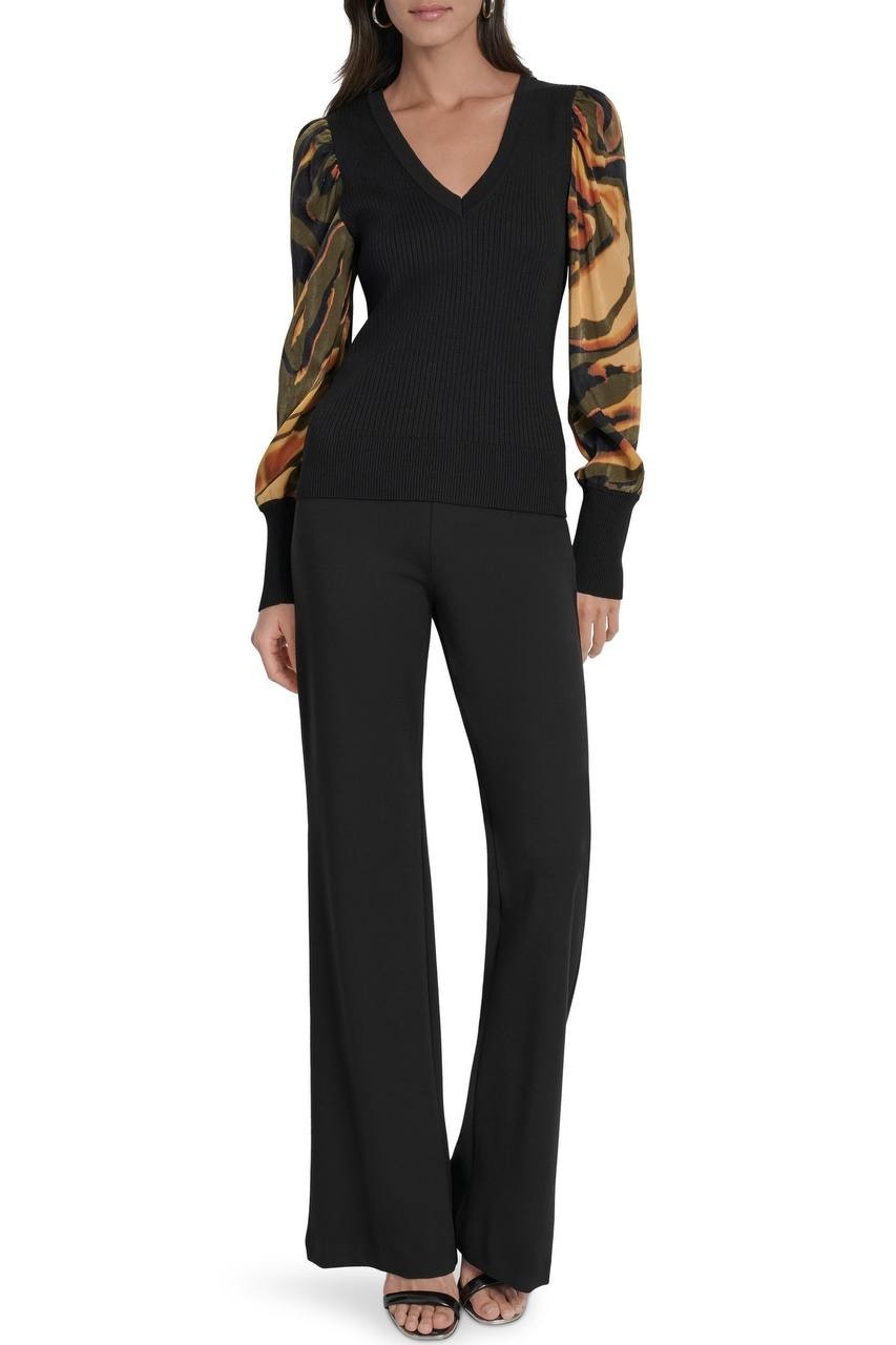 DKNY Rib Puff Shoulder Sweater Black Urban Tiger XS NWT $89