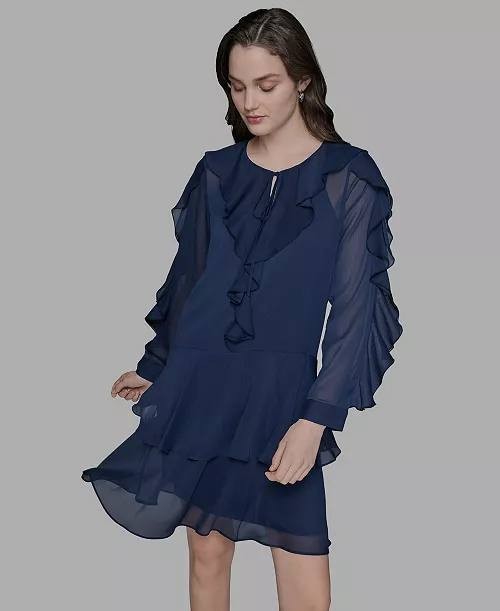 Karl Lagerfeld Paris Layered Ruffle Dress Navy 2 NWT $149