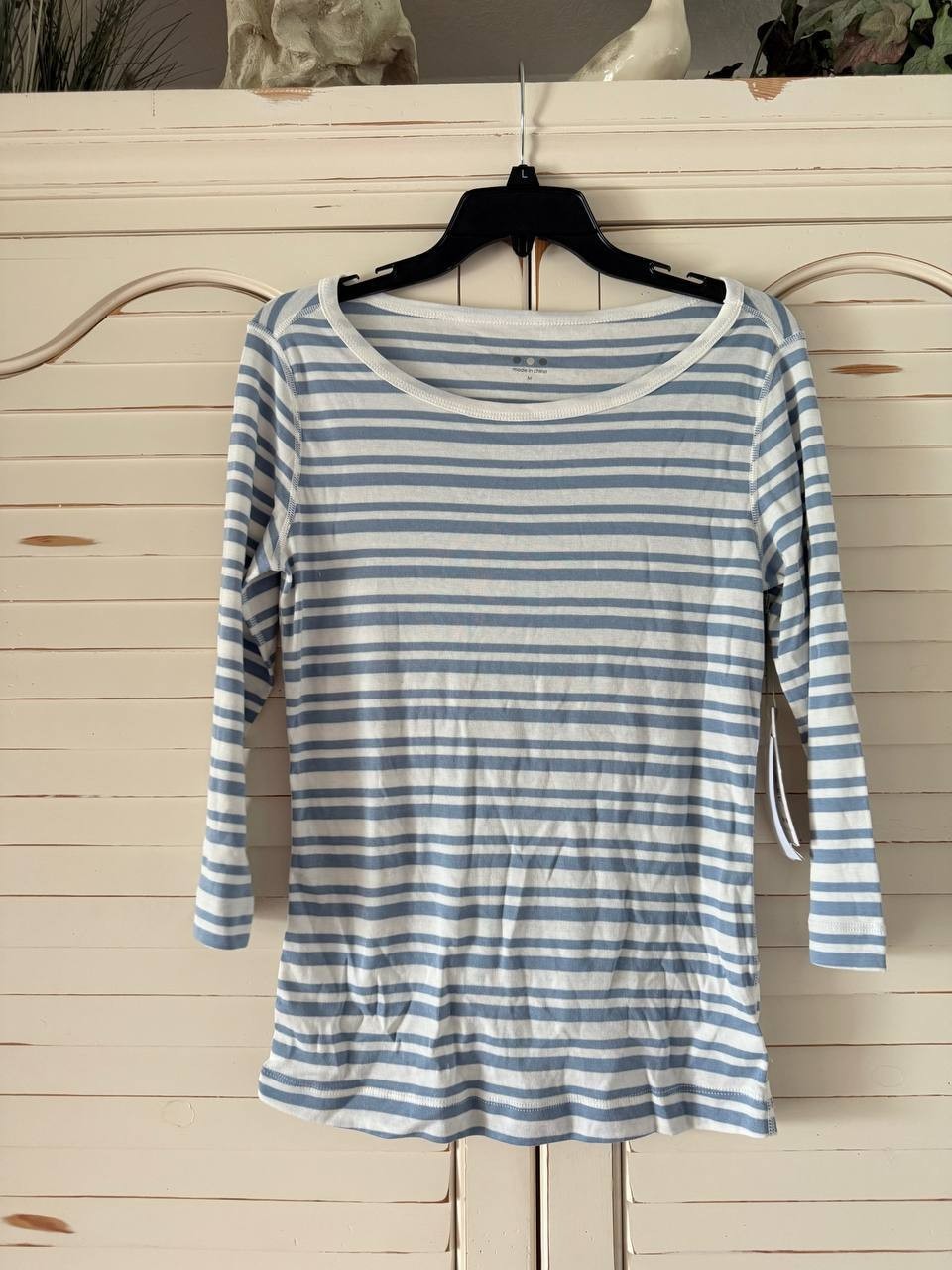 Three Dots Boatneck Striped Tee, Faded Denim, Size M, NWT, 100% Cotton