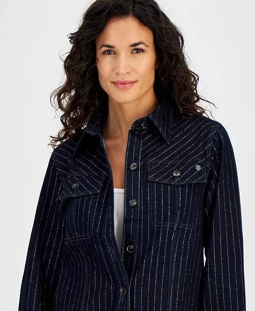 Tommy Hilfiger Denim Shine Shacket Indigo Striped, M, NWT, Button Front