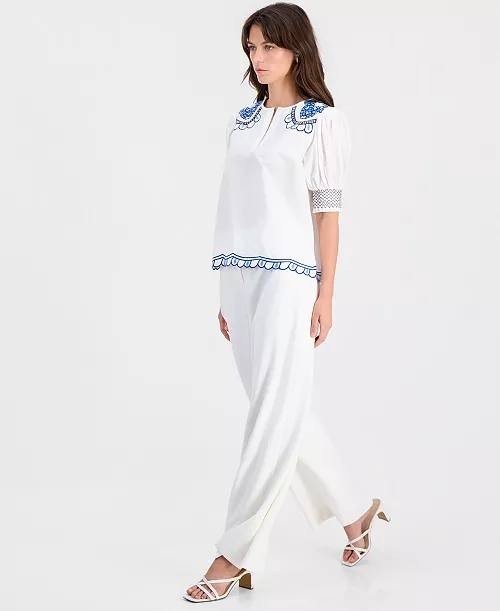 T Tahari Cotton Embroidered‑Trim Split‑Neck Top White Star XL NWT $88