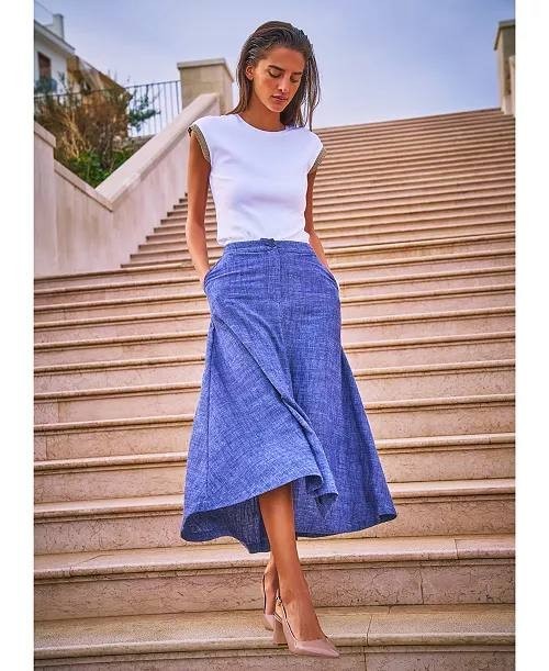 Vince Camuto Linen‑Blend Chambray Midi Skirt – L – NWT – $119