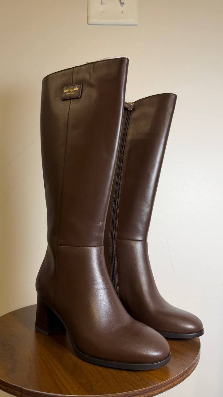 Kate Spade Aimee Tall Leather Boots Brown 6.5B Block Heel NWB $348