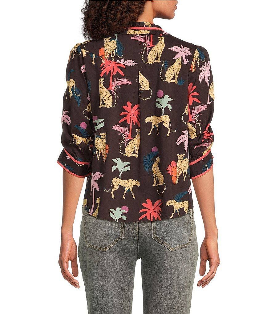 Democracy Top PS Petite Animal Palm Print Ruched Sleeve V-Neck NWT MSRP $78