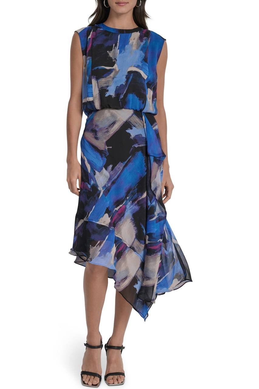 DKNY Printed Blouson Asymmetric-Hem Dress Blue Multi 8 NWT $129