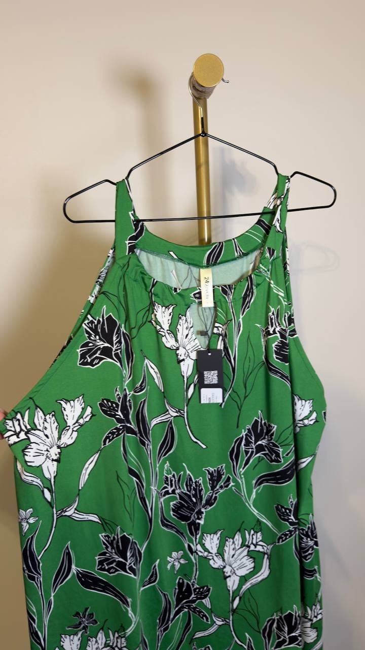 24seven Comfort Apparel Plus Sleeveless Keyhole Dress Green Multi 3X NWT $69