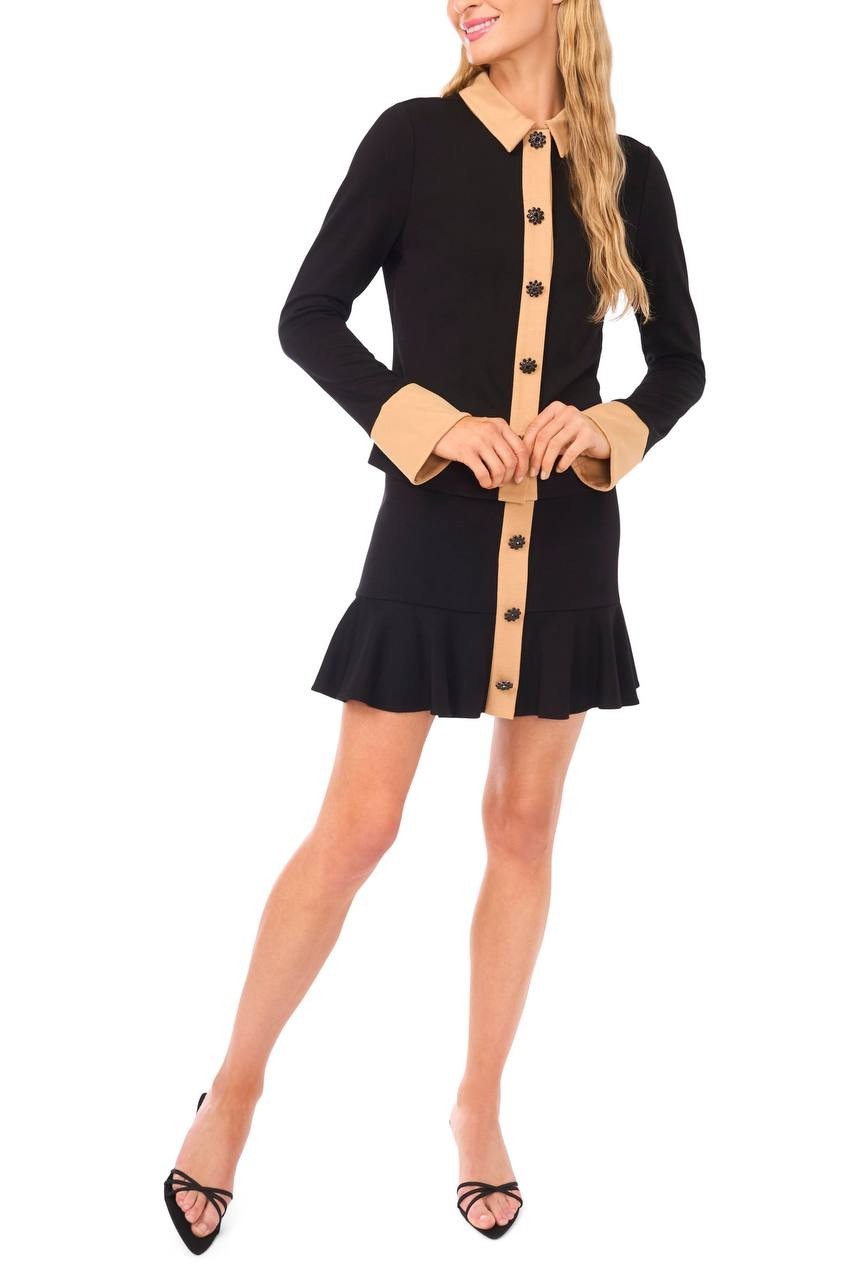 CeCe Crystal Button Knit Button‑Up Shirt Rich Black M NWT $79