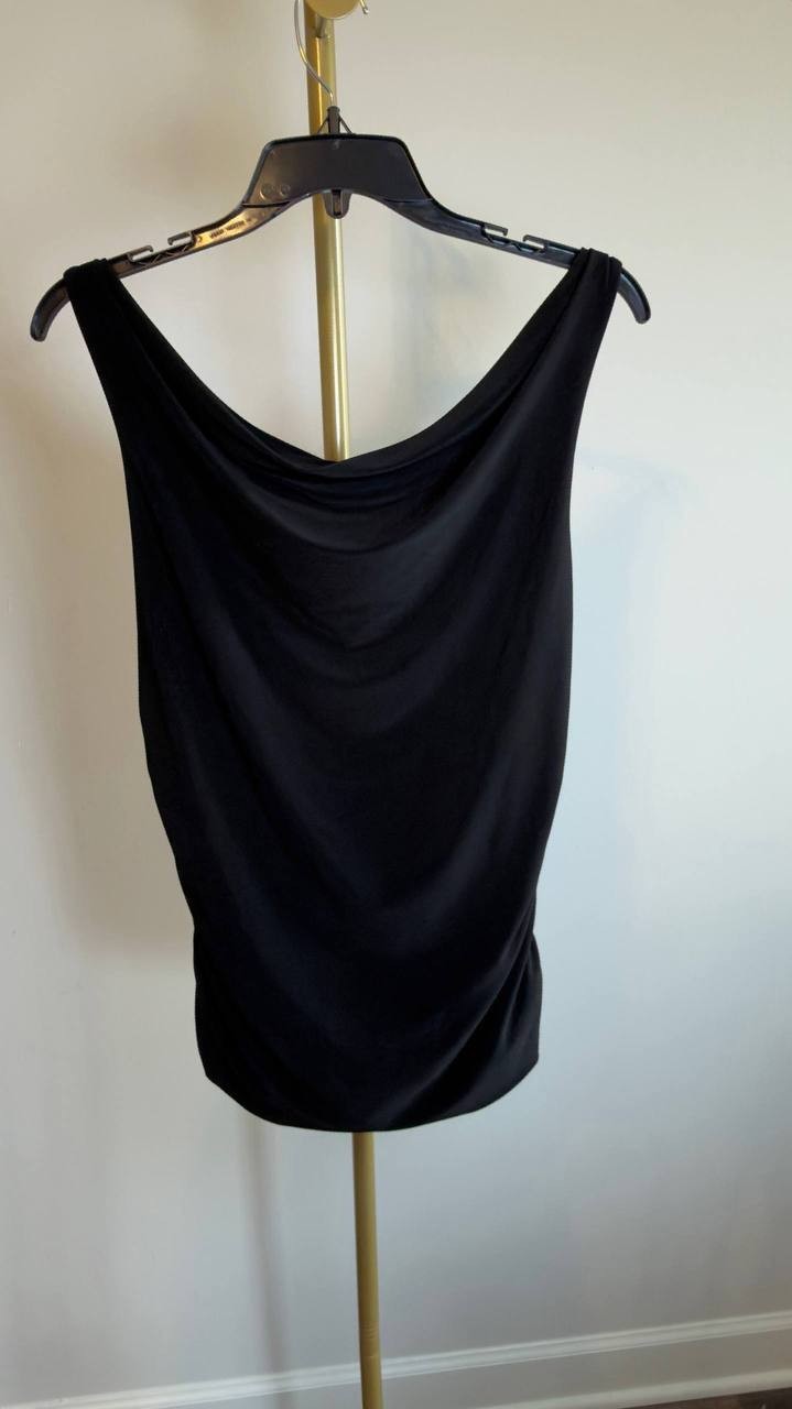 Anne Klein Ruched Draped‑Neck Textured Crepe Knit Top Black S NWT $69