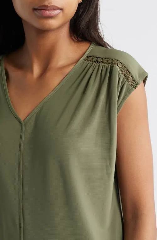 Anne Klein Lace Inset V‑Neck Top M Olive NWT $59