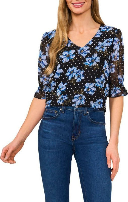 CeCe Print Ruffle‑Cuff Top – Blue Floral – Size S – NWT – $59