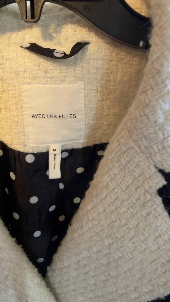 Avec Les Filles Tweed Double‑Breasted Tipped Jacket Cream M NWOT $169