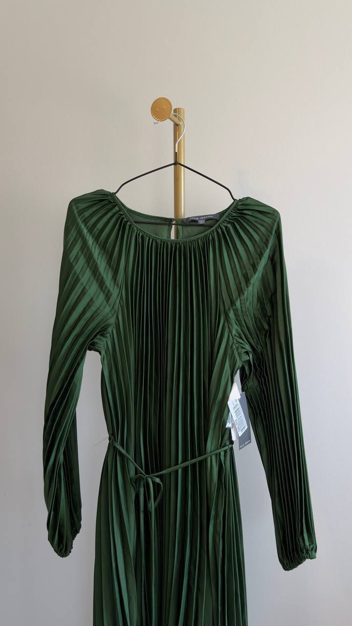 Julia Jordan Pleated Long Sleeve Waist Tie Maxi Dress Green 12 NWT $149