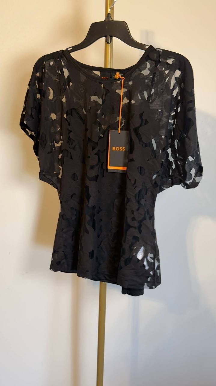 BOSS  Floral Lace Flutter Sleeve Top Black M NWT $99