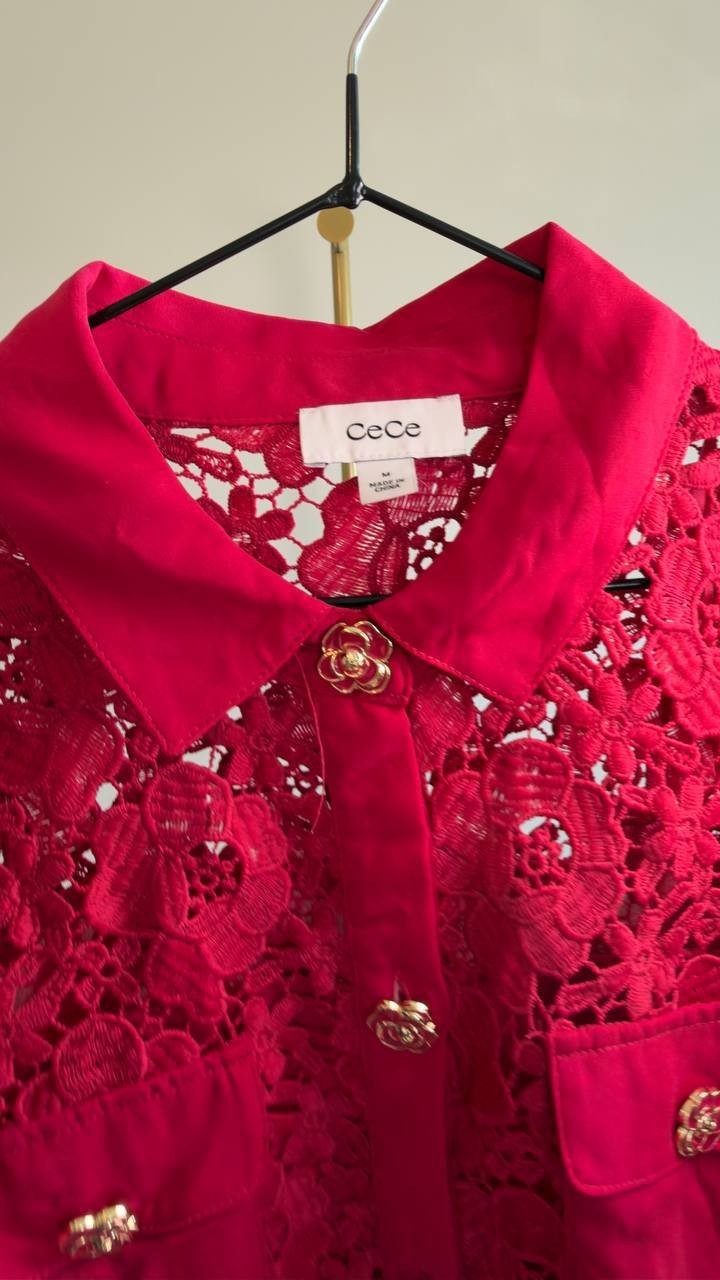 CeCe Lace Short‑Sleeve Button‑Up Top Red M NWT $99