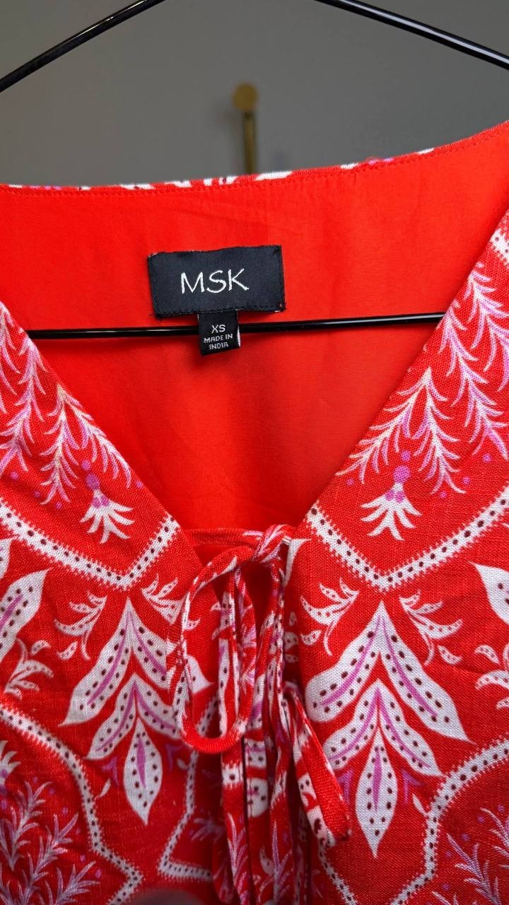 MSK Printed Tie‑Neck Short‑Sleeve Fit & Flare Dress Red XS NWT $89