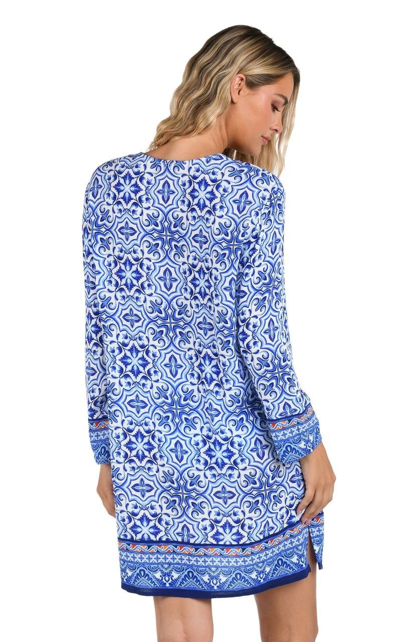 La Blanca Alboran Sea Lace-Up V-Neck Tunic Cover Up Blue Multi XL NWT $113