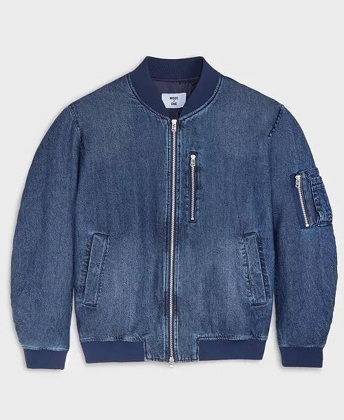 Mode of One Men’s Costas Zip‑Front Denim Bomber Jacket Blue L $100 NWT