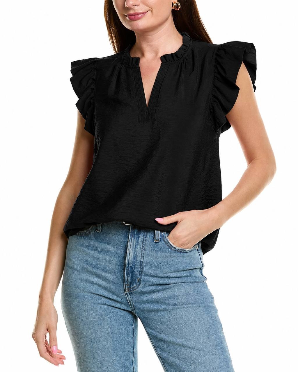 Anne Klein V‑Neck Flutter‑Sleeve Blouse Black S NWT $79