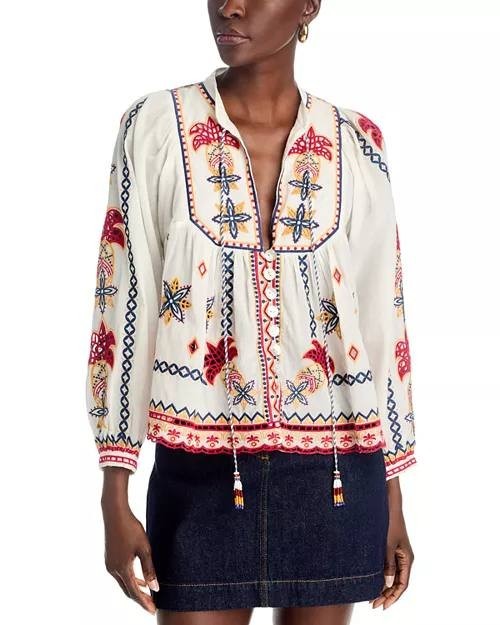 FARM Rio Mary's Tiles Embroidered Blouse Off-White M Cotton Short-Sleeve