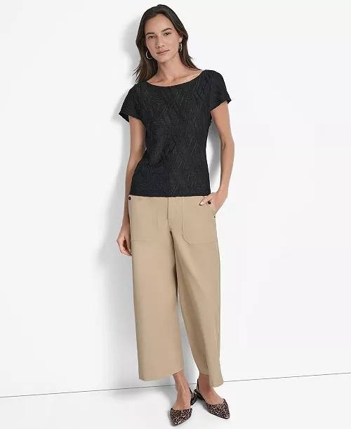 DKNY Textured Boat‑Neck Short‑Sleeve Top Black XS NWT $69