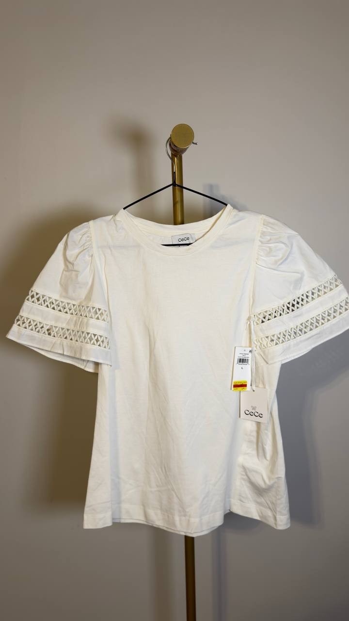 CeCe Combo Trim-Sleeve Crew Neck Top New Ivory L NWT $59