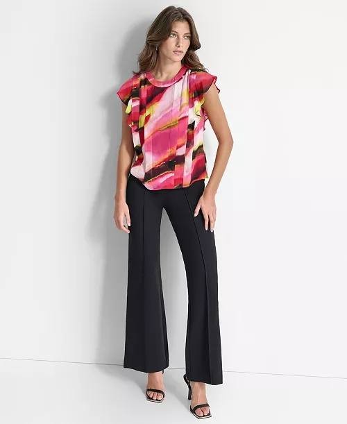 DKNY Pleated Flutter‑Sleeve Top & Wide‑Leg Pants Set – L – Multicolor – NWT –$89