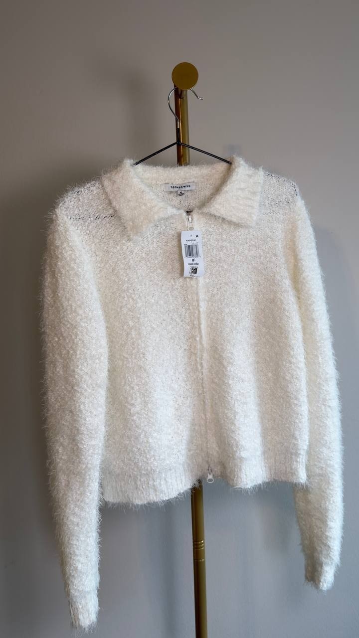 Hooked Up Fuzzy Zip-Up Collared Long-Sleeve Cardigan Spiritual Vanilla M NWT $45