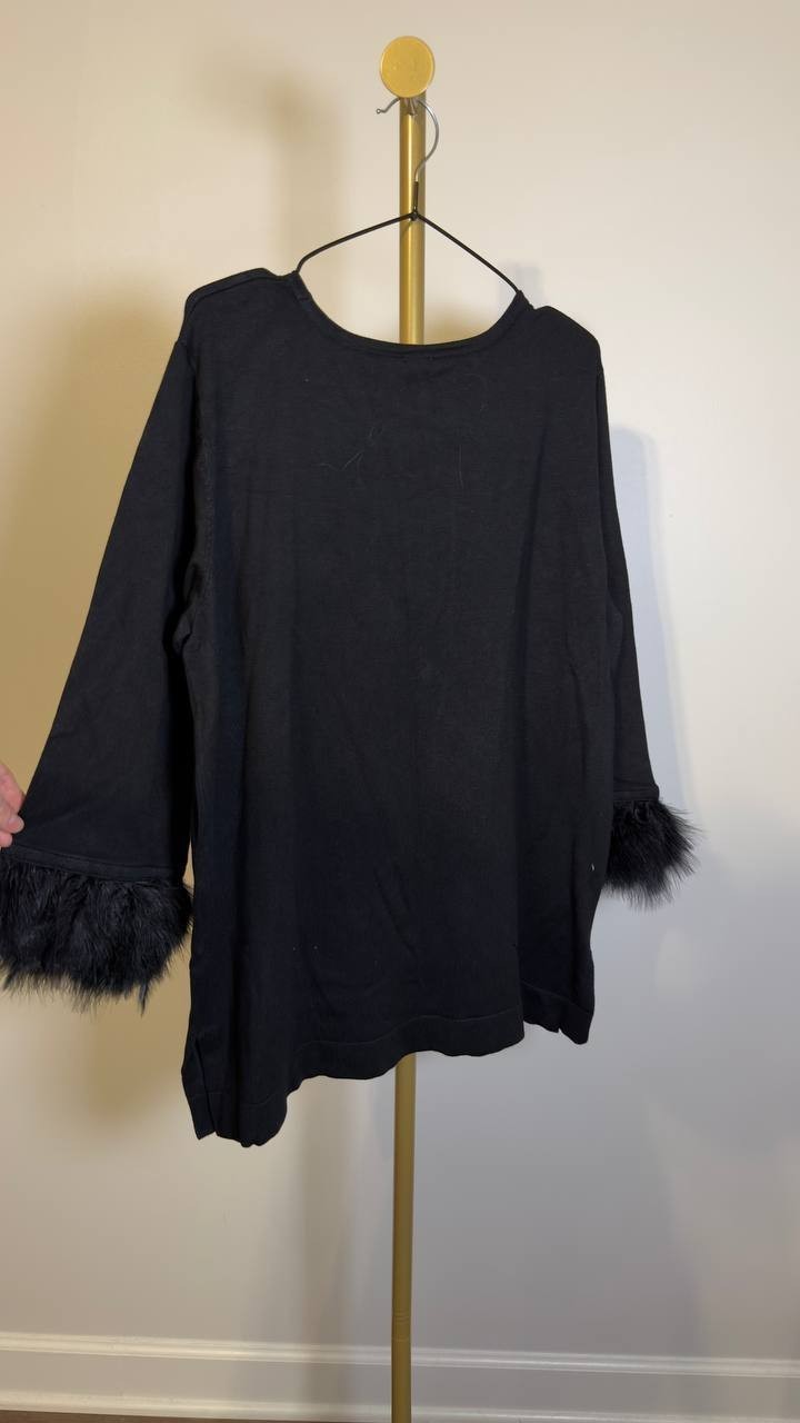 Anne Klein Crewneck Feather‑Trim Cuff Sweater Black L NWT $129