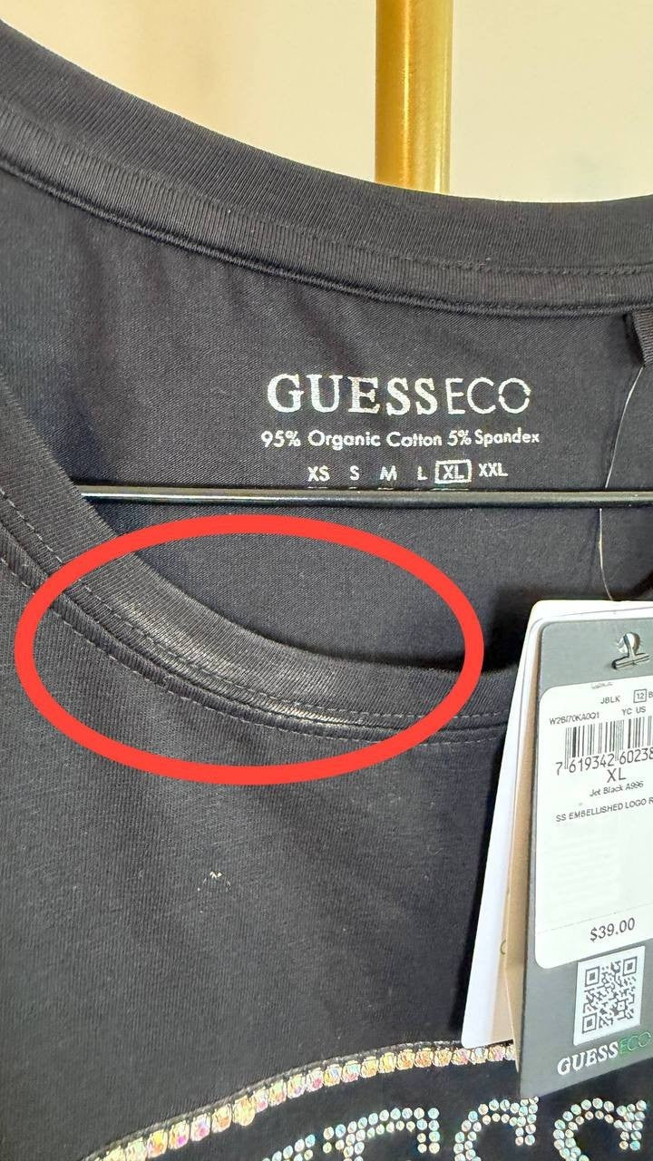 Guess Eco Embellished Logo T-Shirt Black Stretch Tee Size XL NWT $39 need wash