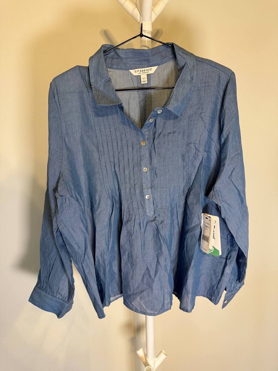 Liverpool Pintuck Pleat Woven Long‑Sleeve Shirt – PL – Bridgeton Light –NWT– $89