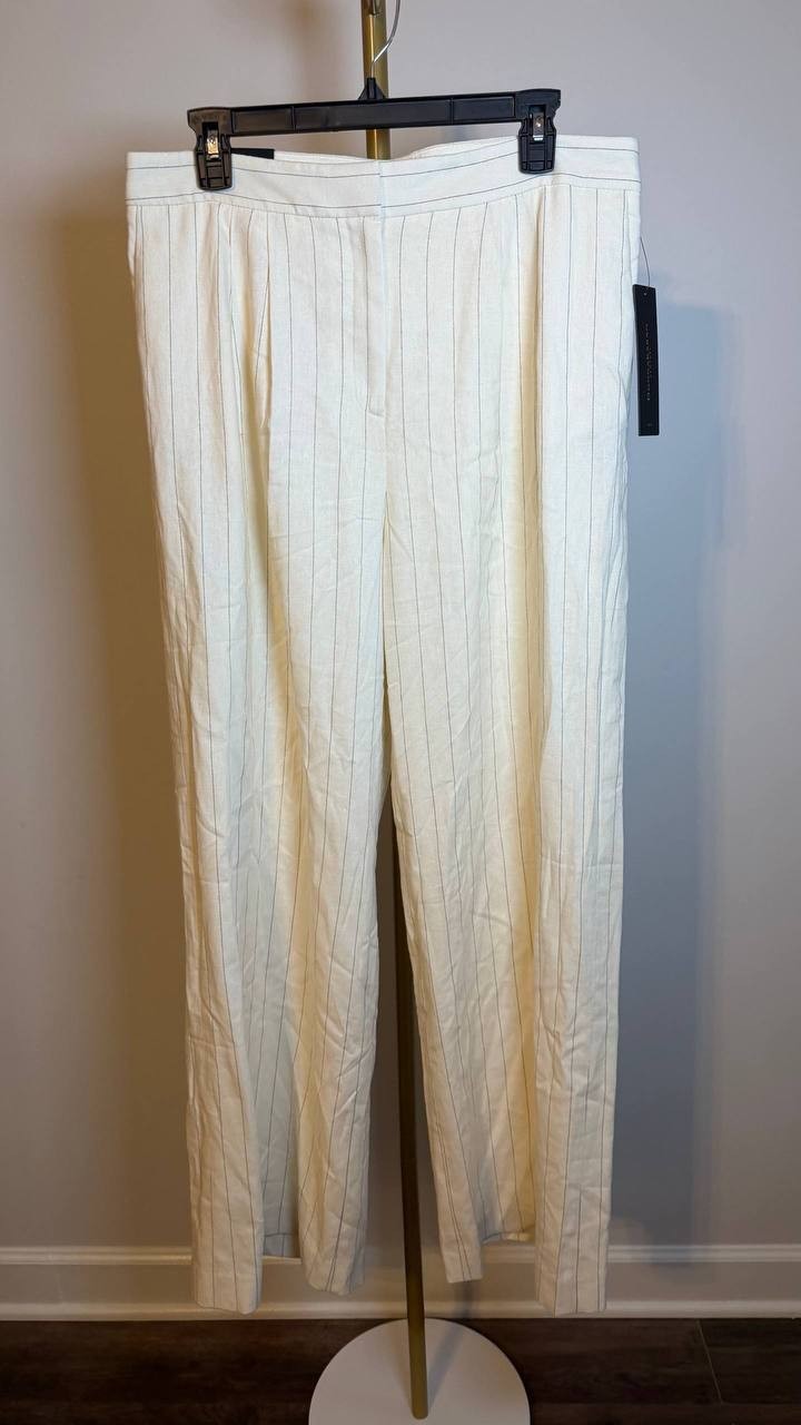Donna Karan NY Linen-Blend Pinstripe Wide-Leg Pants Cream 14P NWT $119
