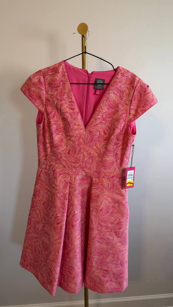 Vince Camuto Metallic Floral Jacquard Fit & Flare Dress Pink 8 $178 NWT