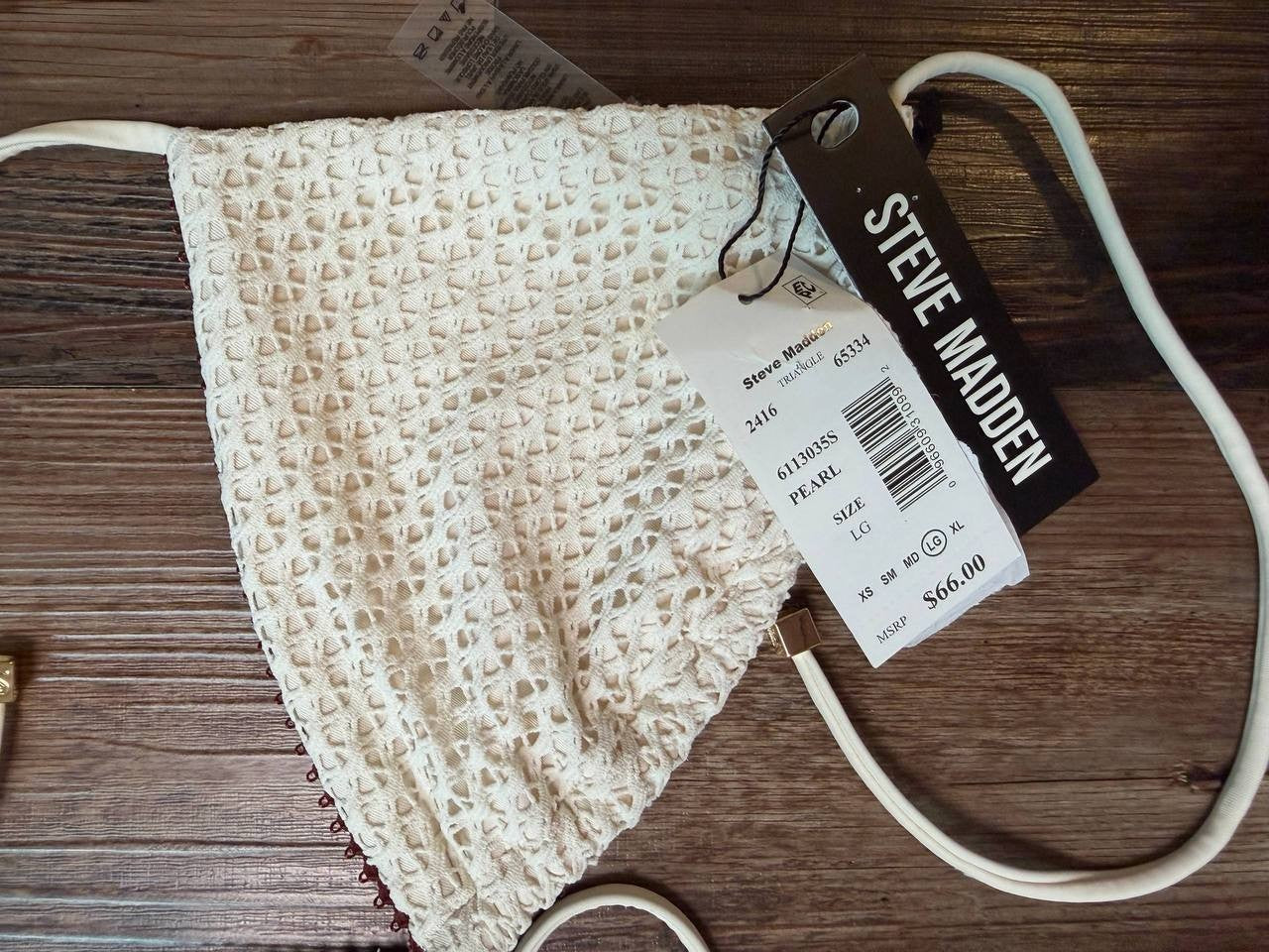 Steve Madden Cozy Crochet Triangle Swim Top Pearl LG NWT $66