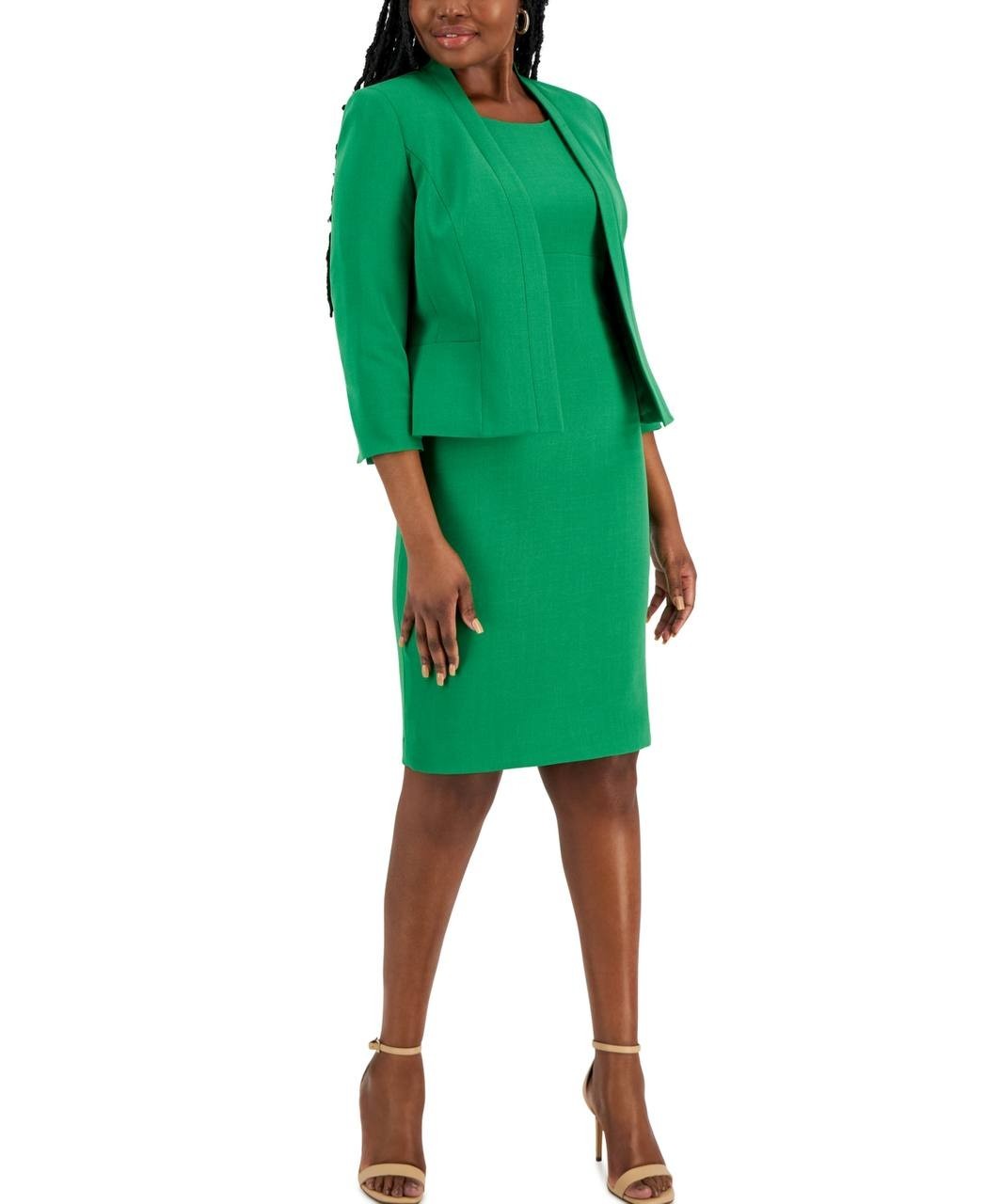 Le Suit Green Crepe Jacket & Sheath Dress Set Size 10P NWT $300 – Petite Power