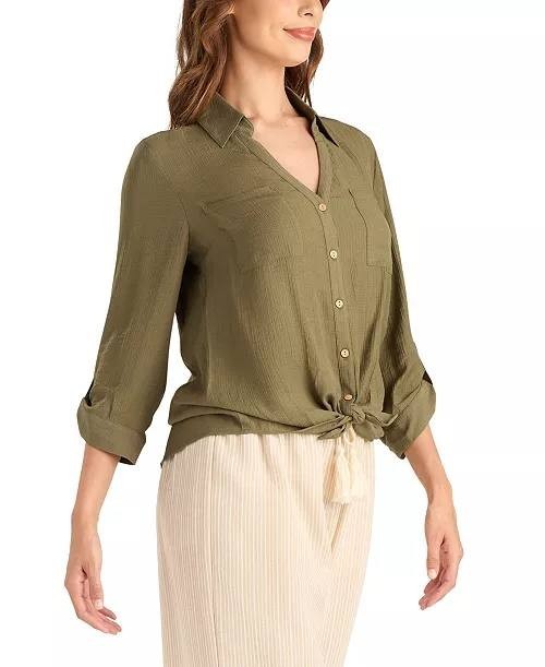 BCX Texture Gauze Collared Button‑Front Top Olive L NWT $39