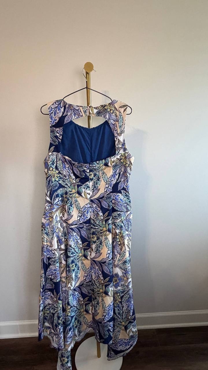 Vince Camuto Sleeveless Crew Neck Printed Fit & Flare Dress Blue 16 NWT $168