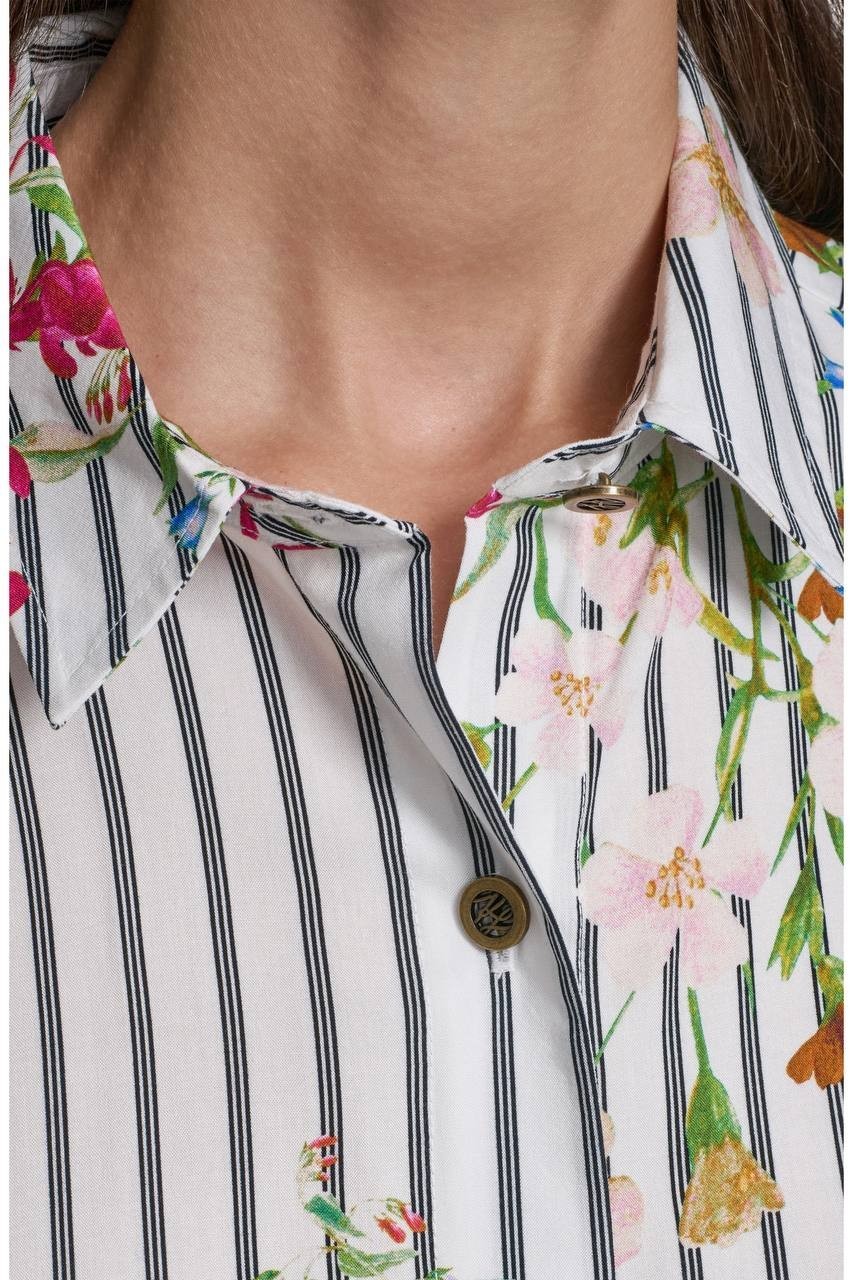 Karl Lagerfeld Paris Floral & Stripe Button‑Up Shirt Soft White Multi M NWT $99