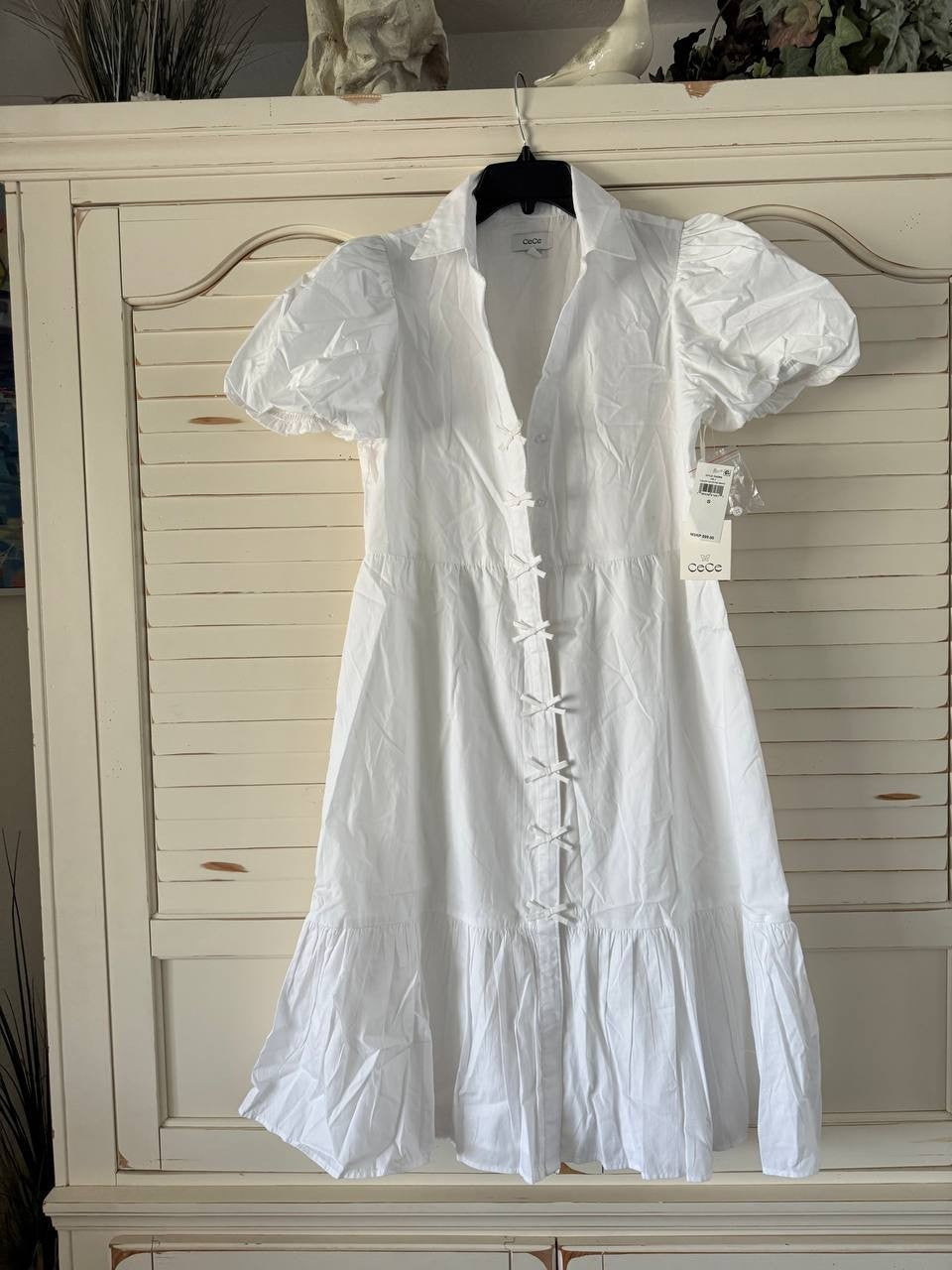 CeCe Dress S White Tiered Midi Bubble Sleeve Feminine Style NWT MSRP $99