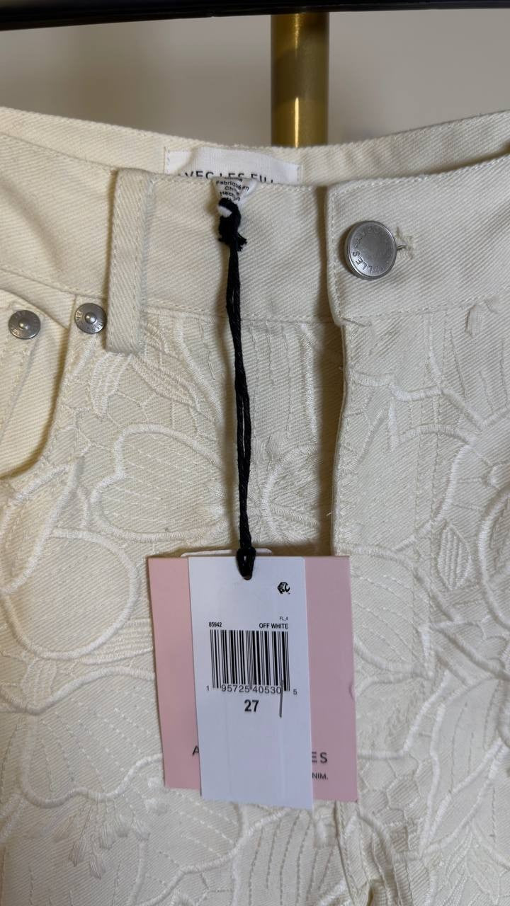 Avec Les Filles High Waist Embroidered Lace Cotton Pants Off White 27 NWT $158
