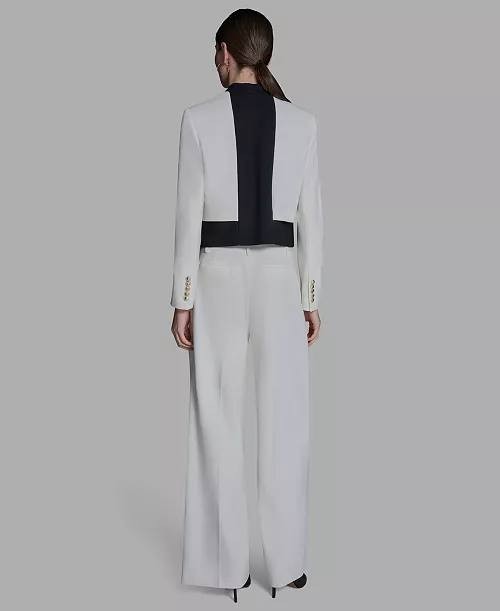 BCBG Stand‑Up Collar Open‑Front Blazer White/Black 12 NWT $59