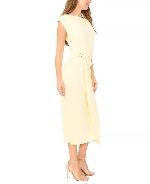 MSK Sleeveless Boat Neck Ponte Knot Wrap Midi Dress Pastel Yellow M NWT $89