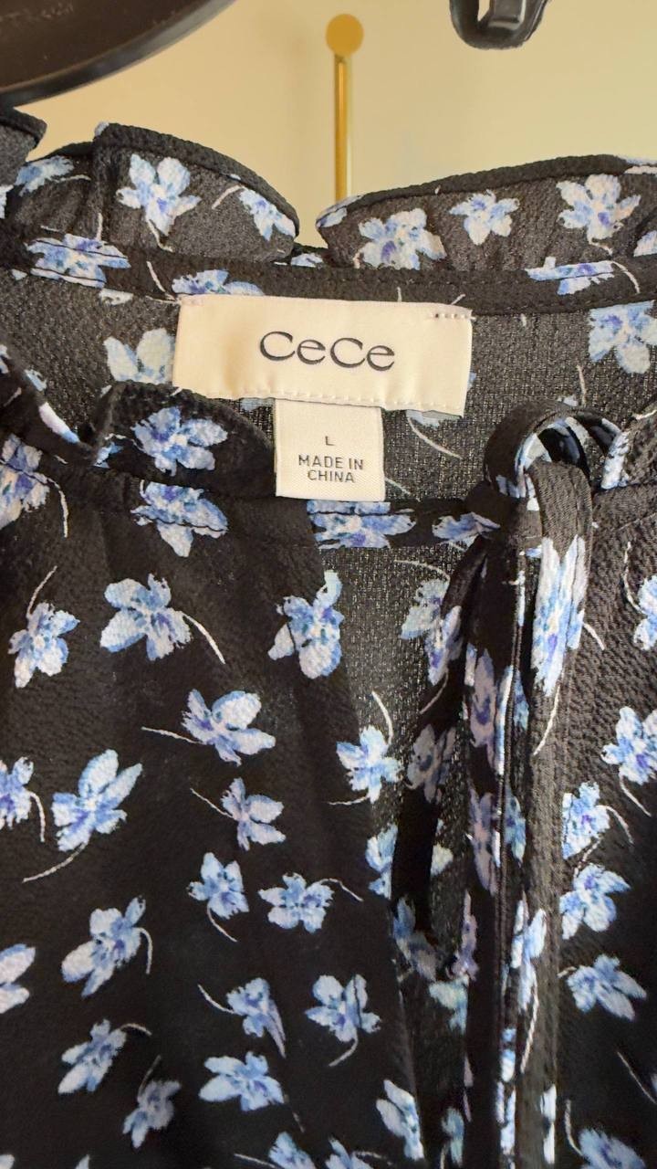 CeCe Floral Split‑Neck Elbow‑Sleeve Blouse Reach Black L NWT $79