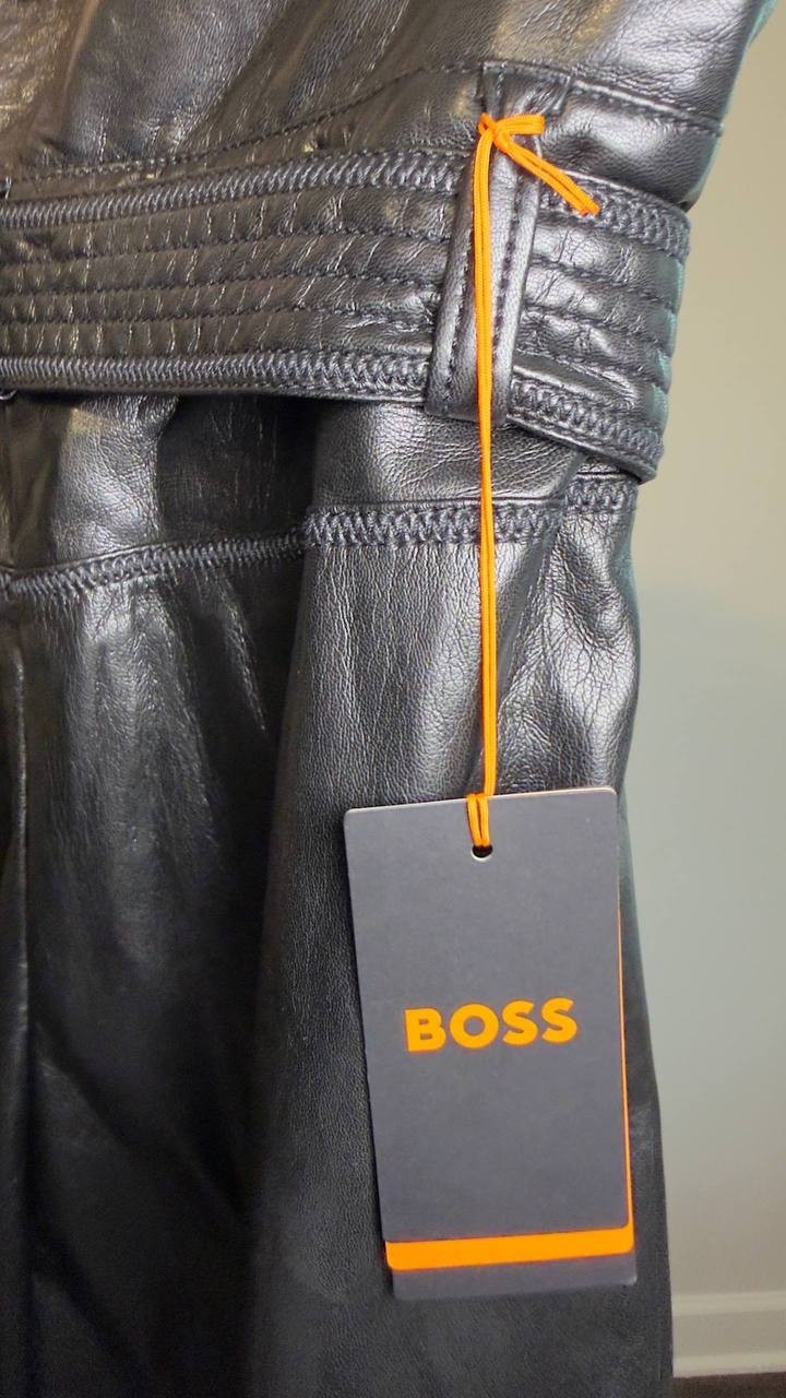 BOSS Faux Leather Straight‑Leg Pants with Belt Black 12 NWT $149