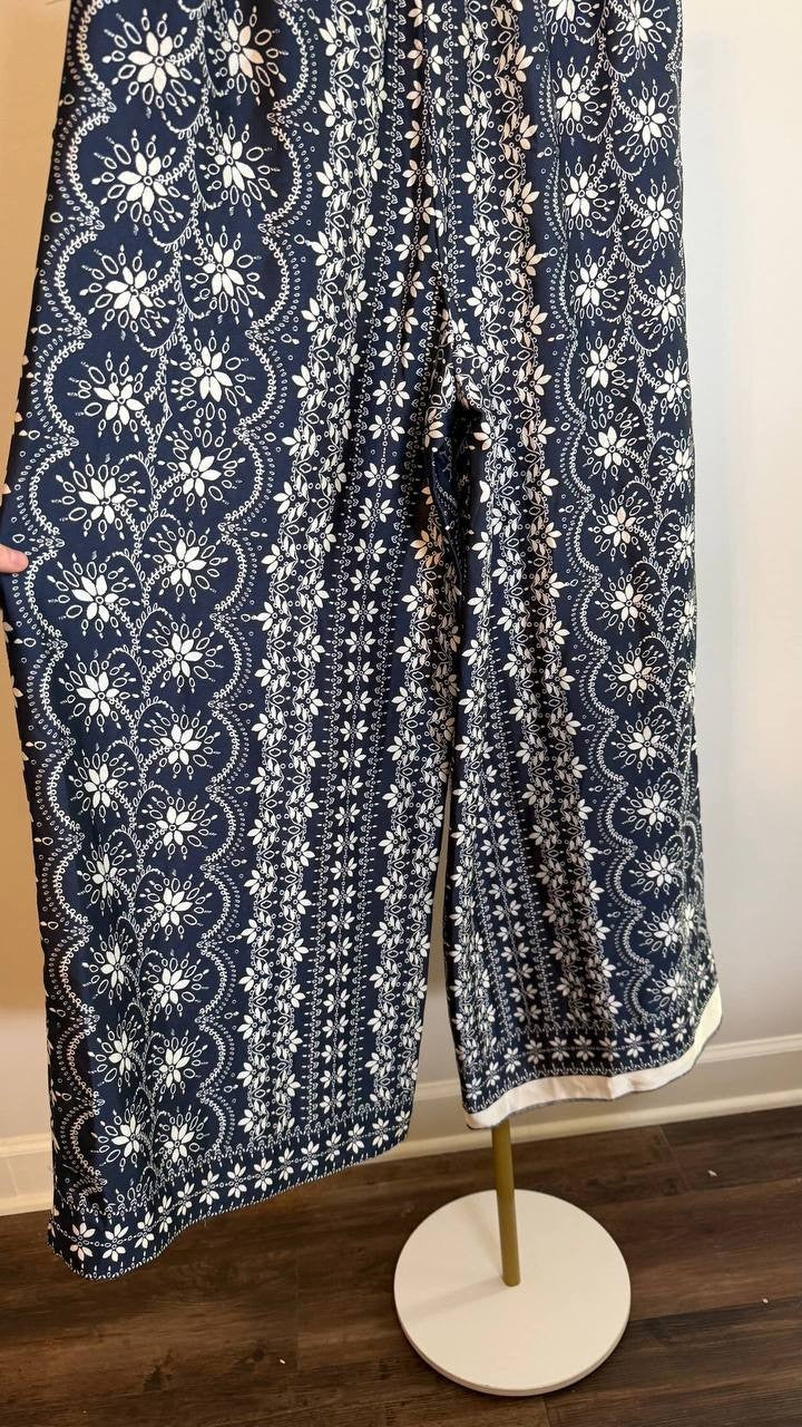 CeCe Black Mixed Print Wide Leg Pants Size L Elastic Waist Travel Casual