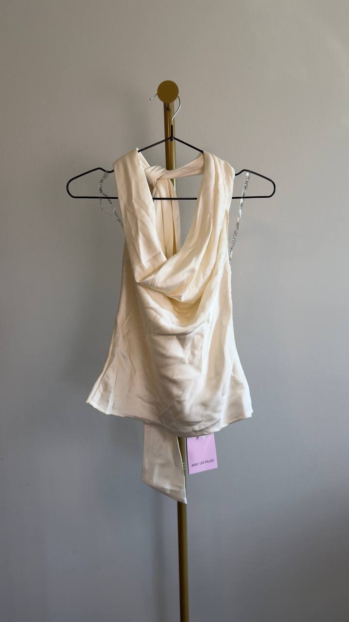 Avec Les Filles Women’s Long‑Tie Halter Top Ivory S NWT $88