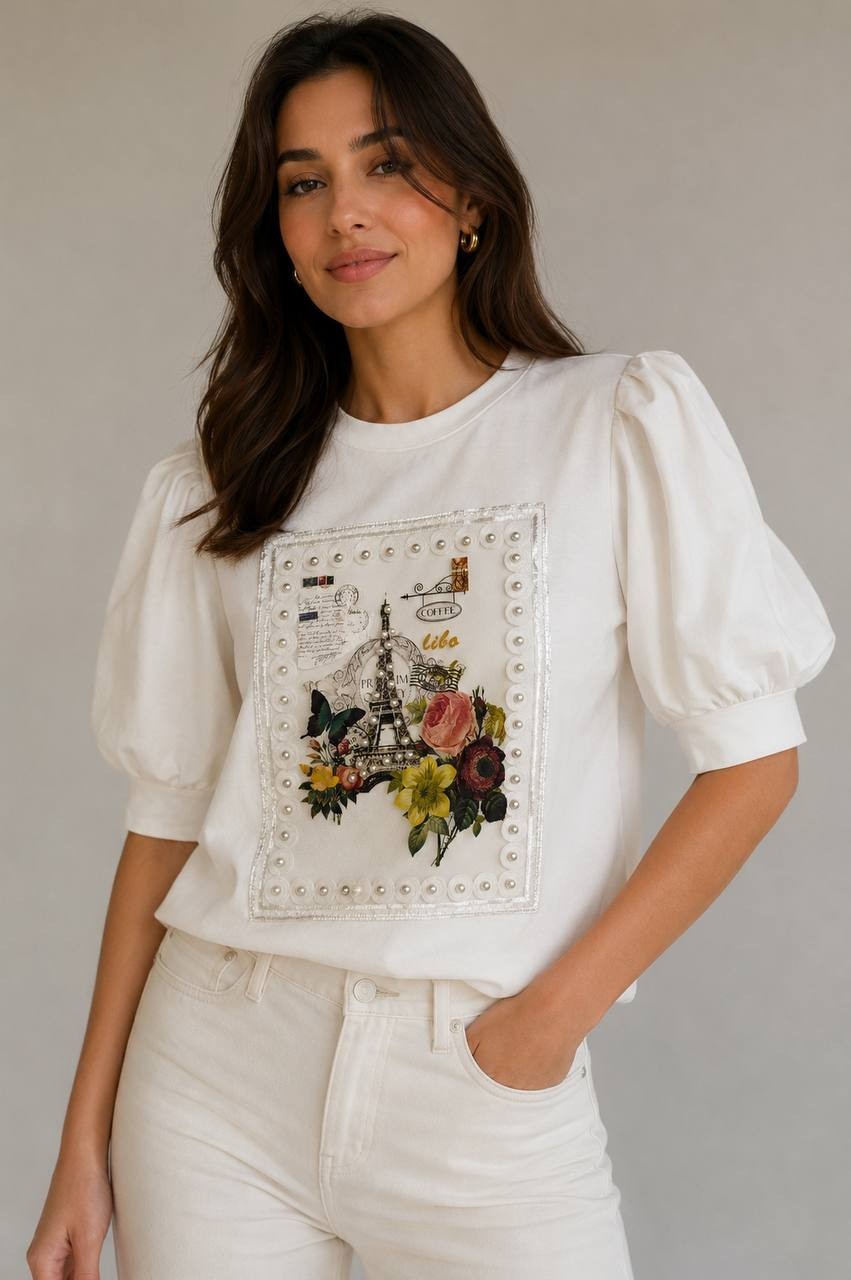 Gracia White Puff-Sleeve Embellished Lace Trim Top M NWT $49.99